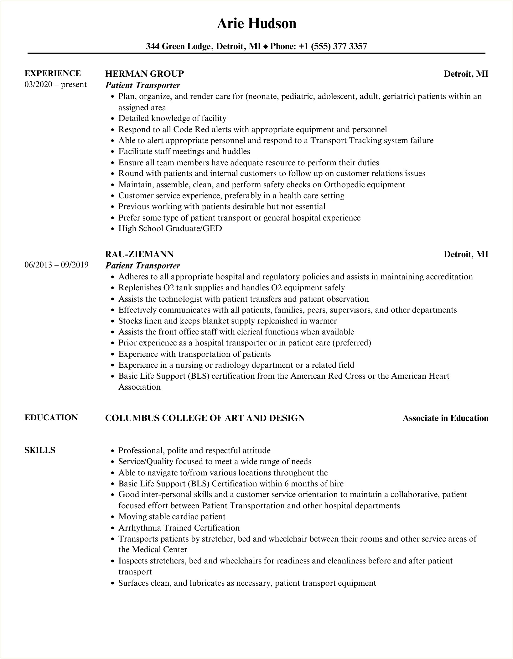 Patient Transport Assistant Job Description Resume