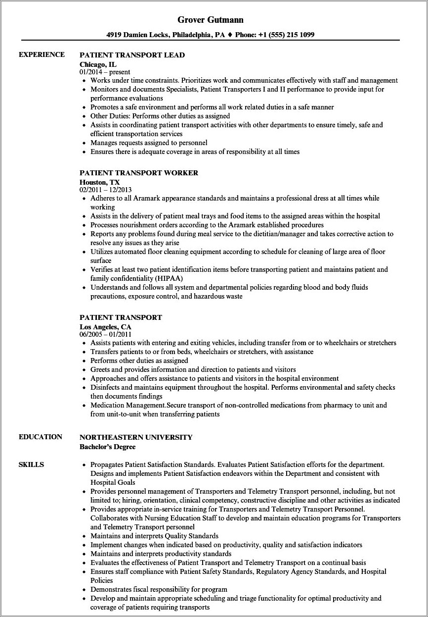 Patient Transporter Sample Resume No Experience