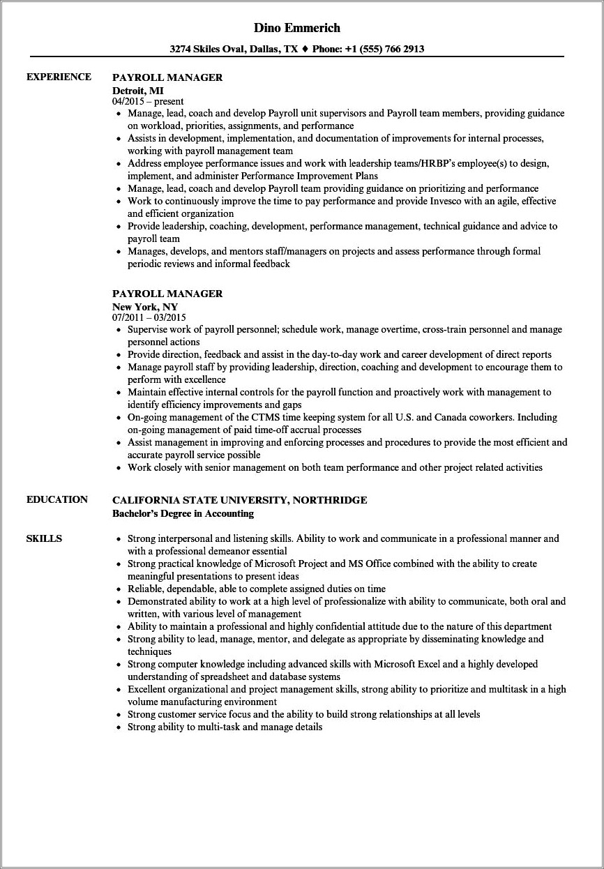 Payroll And Benefits Director Resume Sample