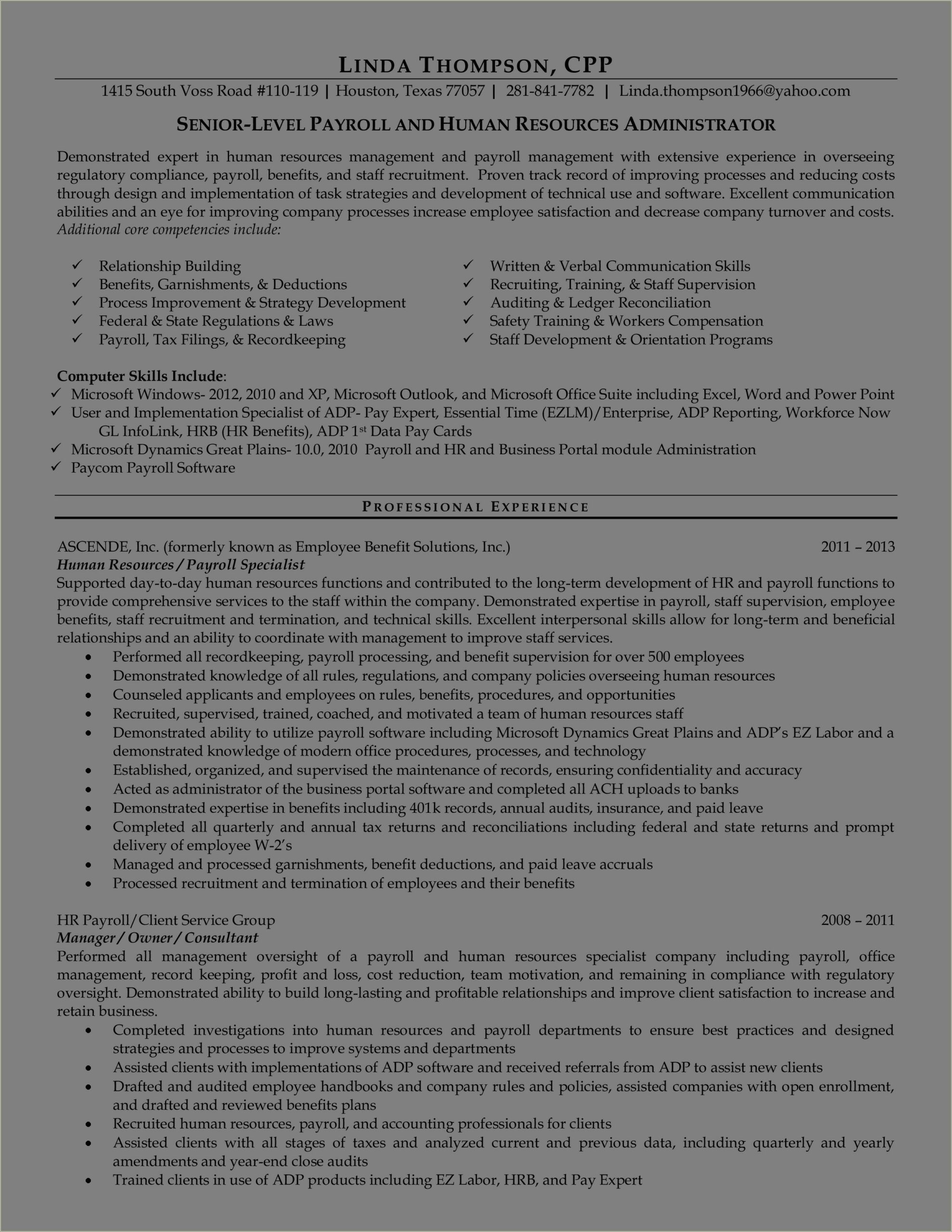 Payroll And Benefits Specialist Resume Sample