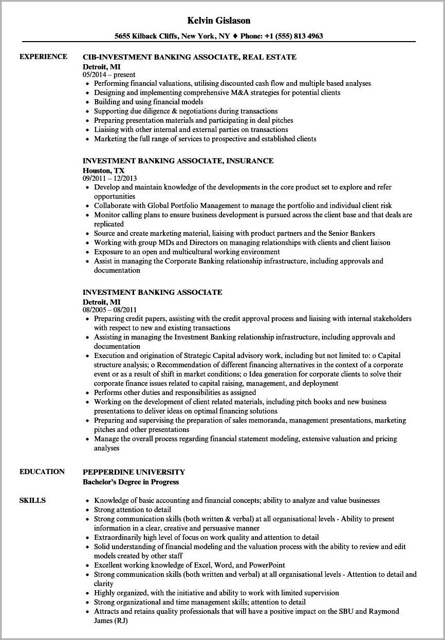 Pdf Investment Banking Associate Resume Example