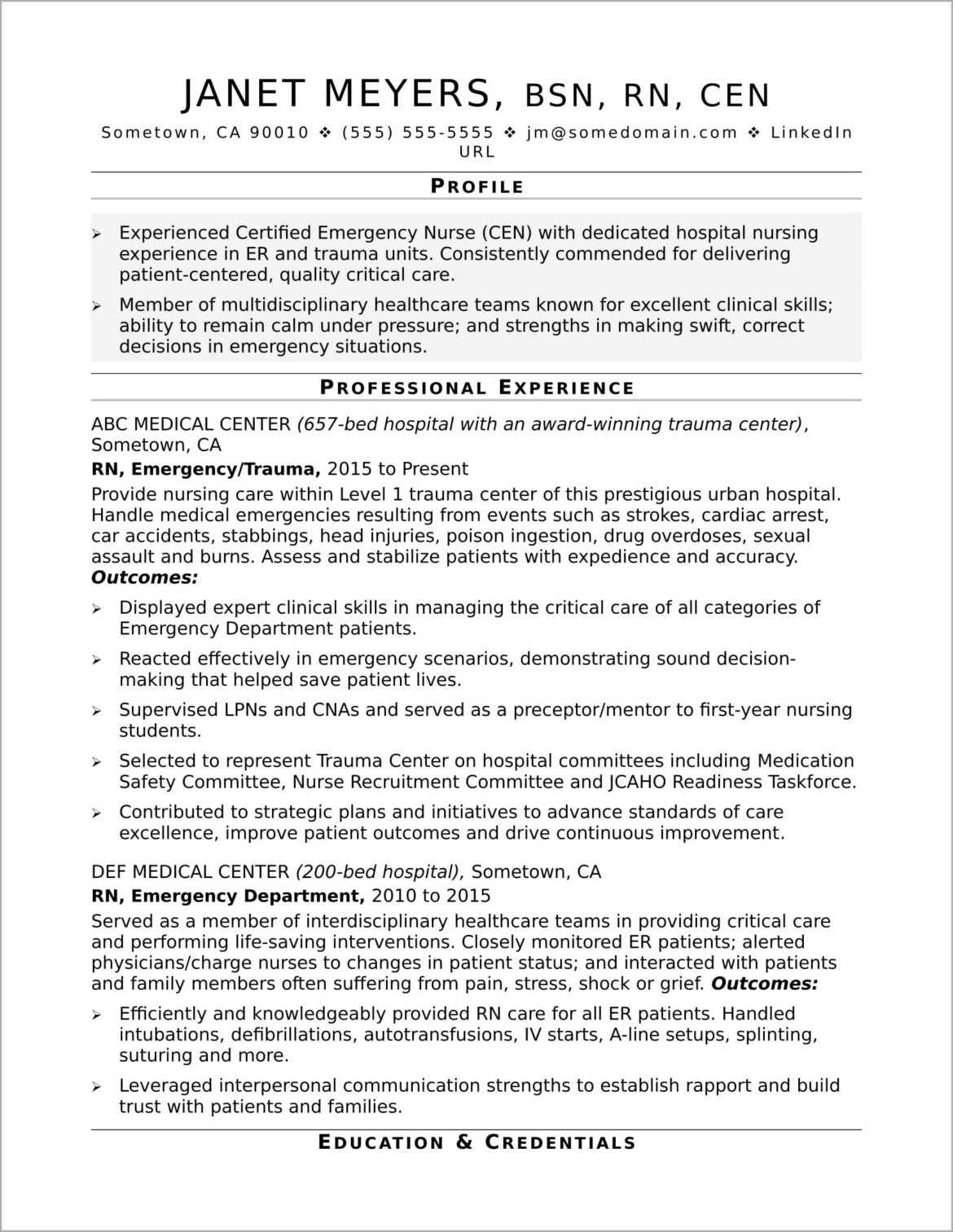 Pediatric Emergency Room Nurse Resume Sample