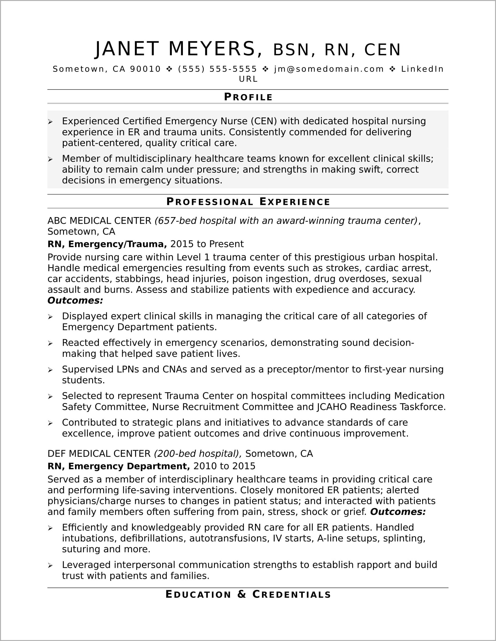 Pediatric Emergency Room Nurse Resume Sample