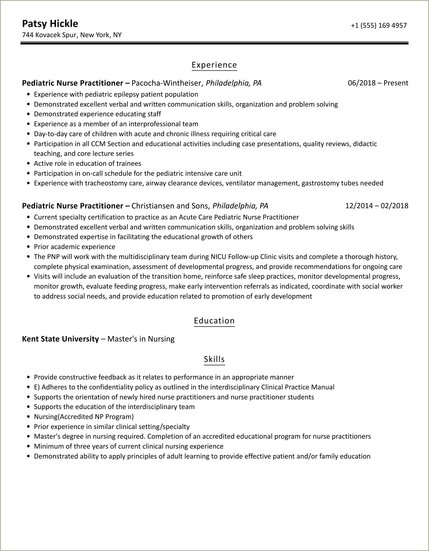 Pediatric Nurse Practitioner Resume Example With Summary