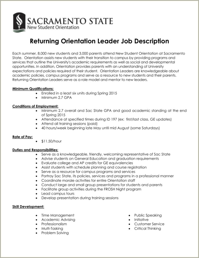 Peer Leader Job Description On Resume