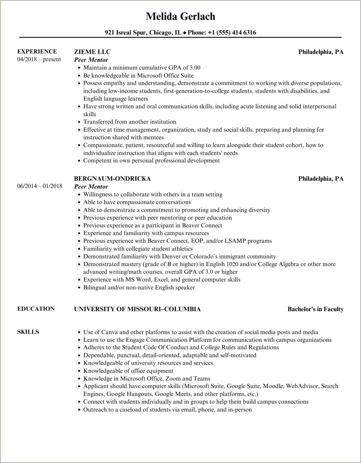 Peer Mentor Job Description On Resume