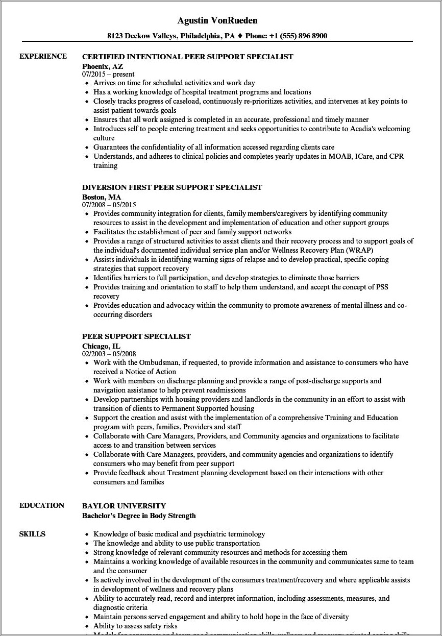 Peer Support Specialist Job Description Resume