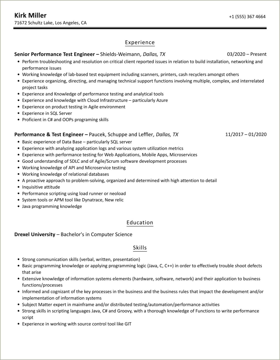 Performance Testing Resume For 2 Years In Experience