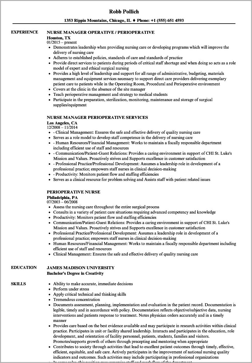 Perioperative Nurse Job Description For Resume