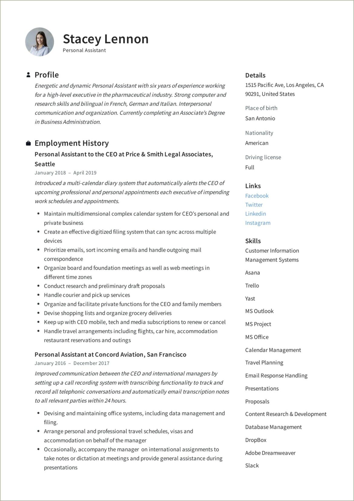 Personal Assistant Job Description Resume Sample