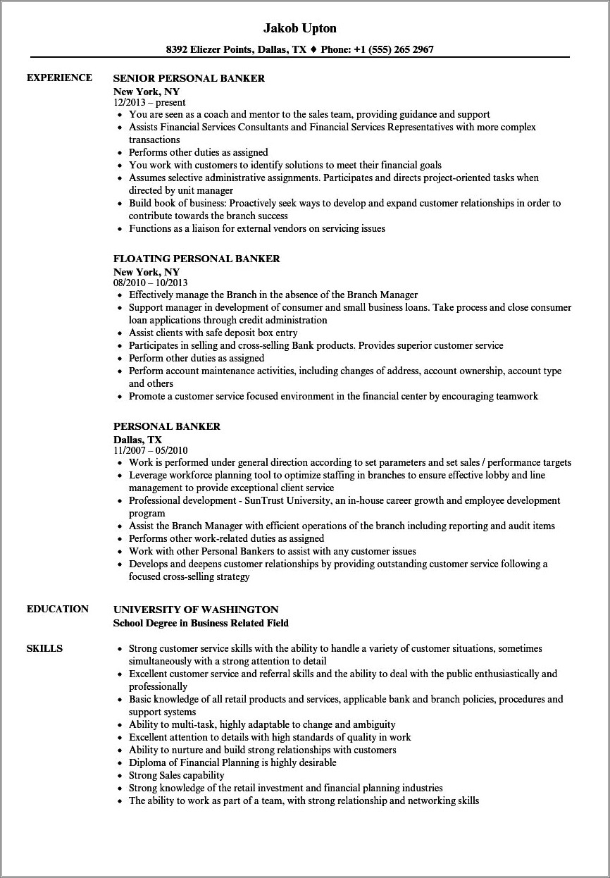 Personal Banker Summary Of Qualifications Resume