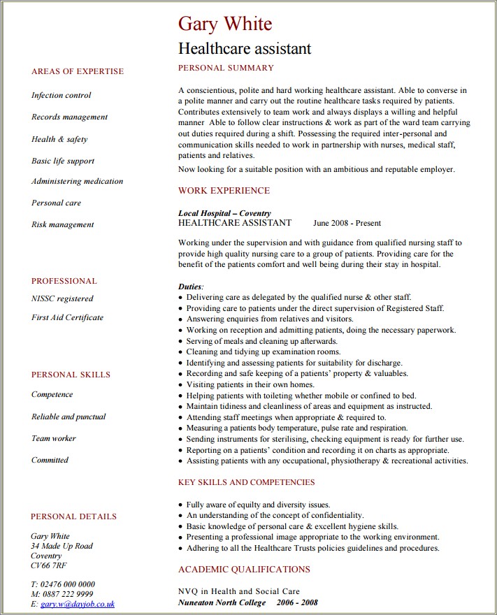 Personal Care Assistant Job Description For Resume