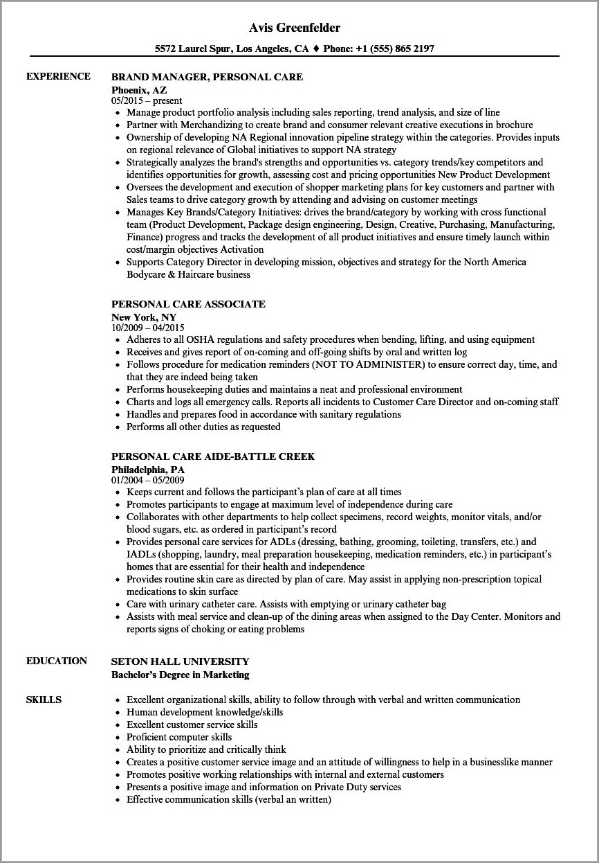 Personal Care Worker Skills For Resume