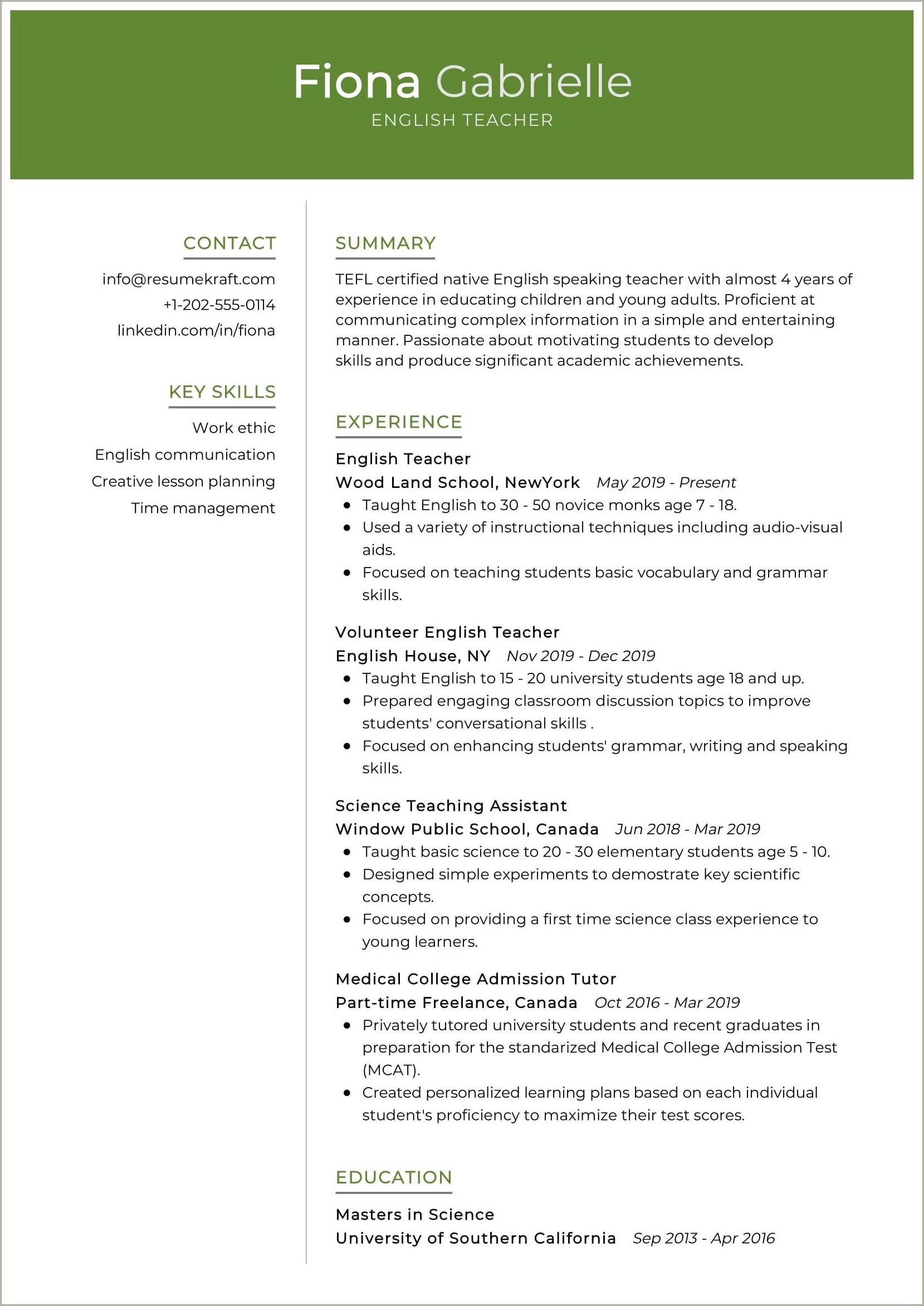 Personal Profile Examples For Teaching Resume