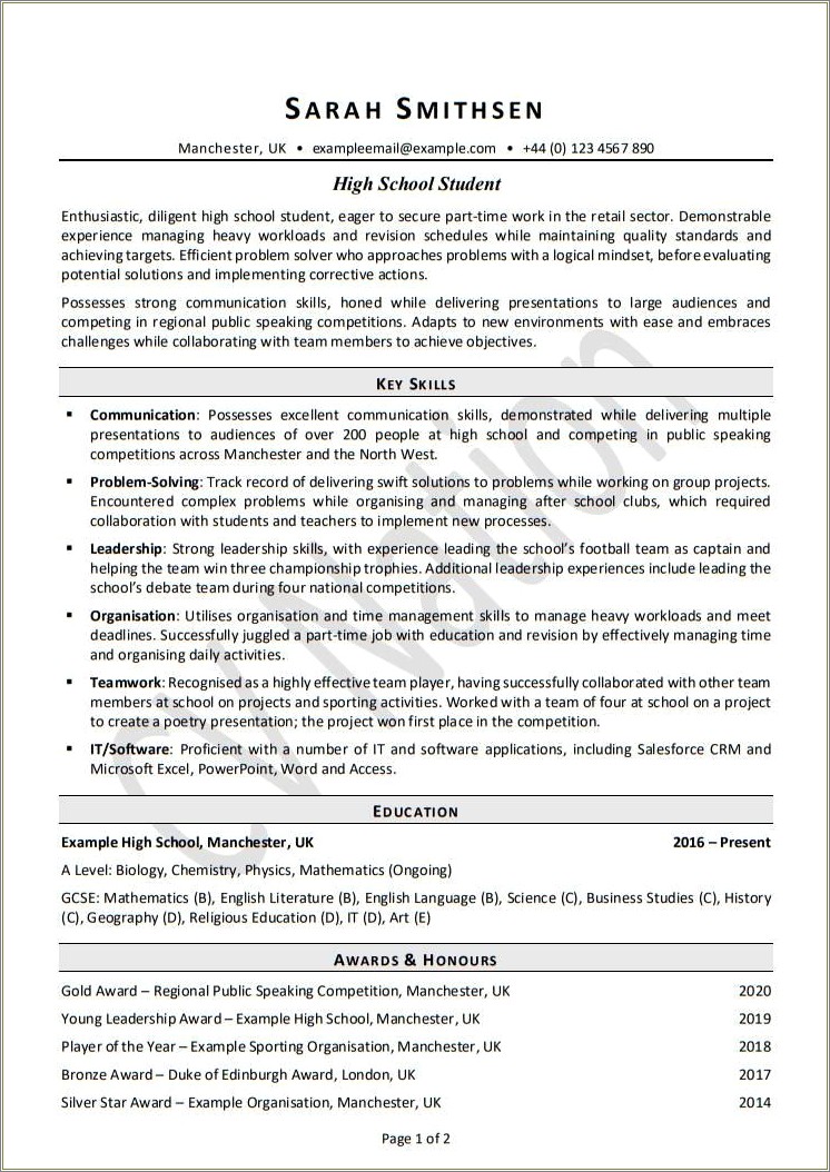 Personal Resume Summary For High School Student