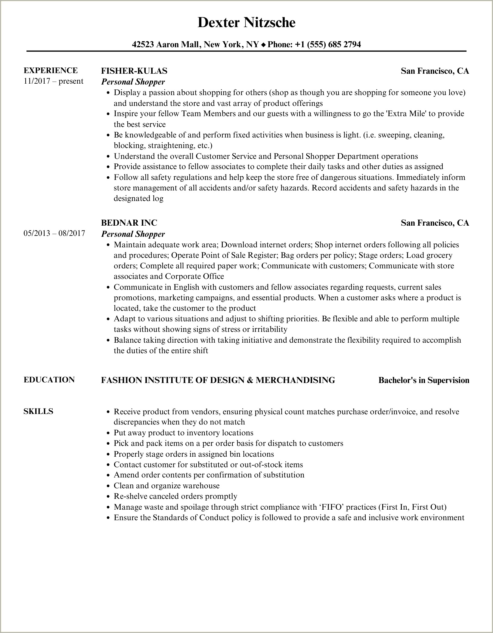 Personal Shopper Job Description For Resume