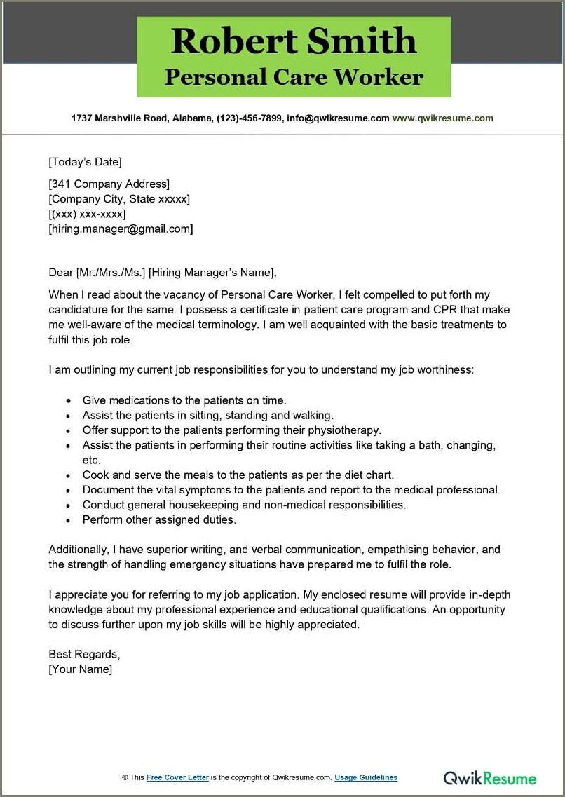 Personal Support Worker Resume Cover Letter