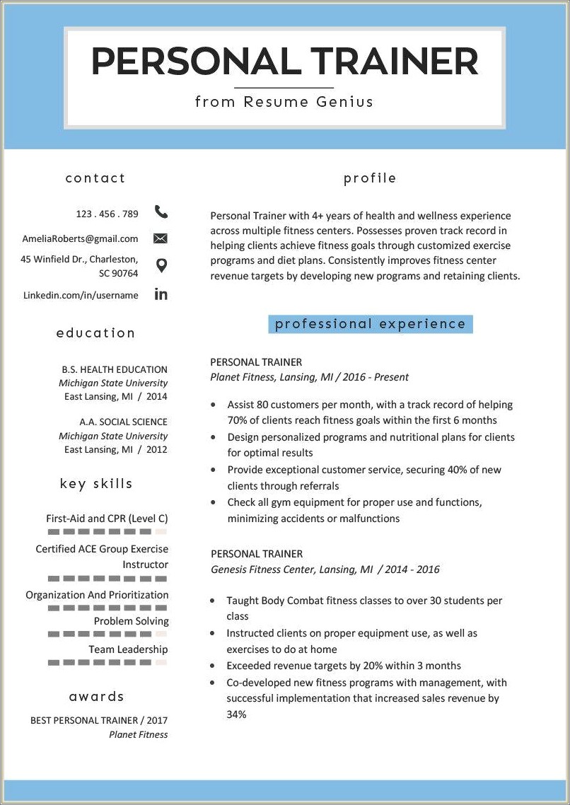 Personal Trainer Fitness Instructor Resume Sample