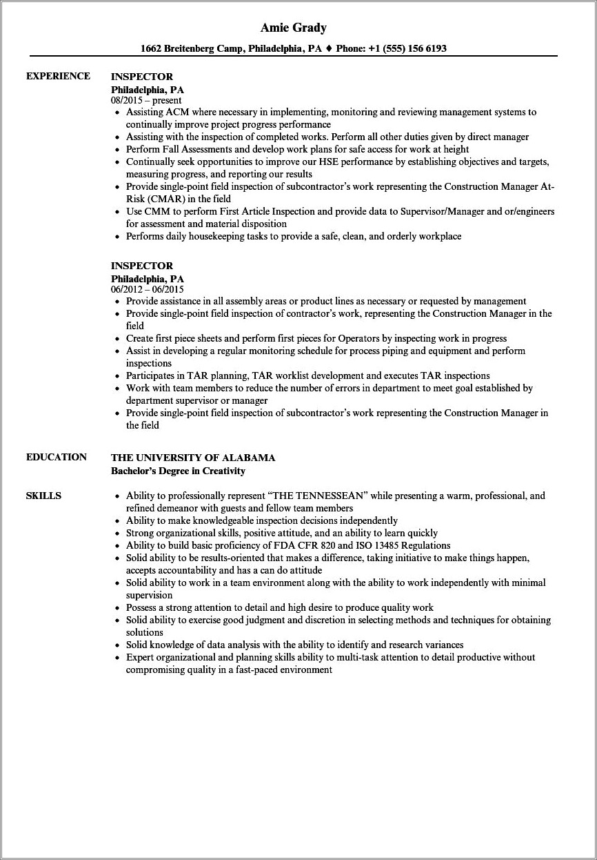 Petrochemical Field Inspector Resume Example Entry Level