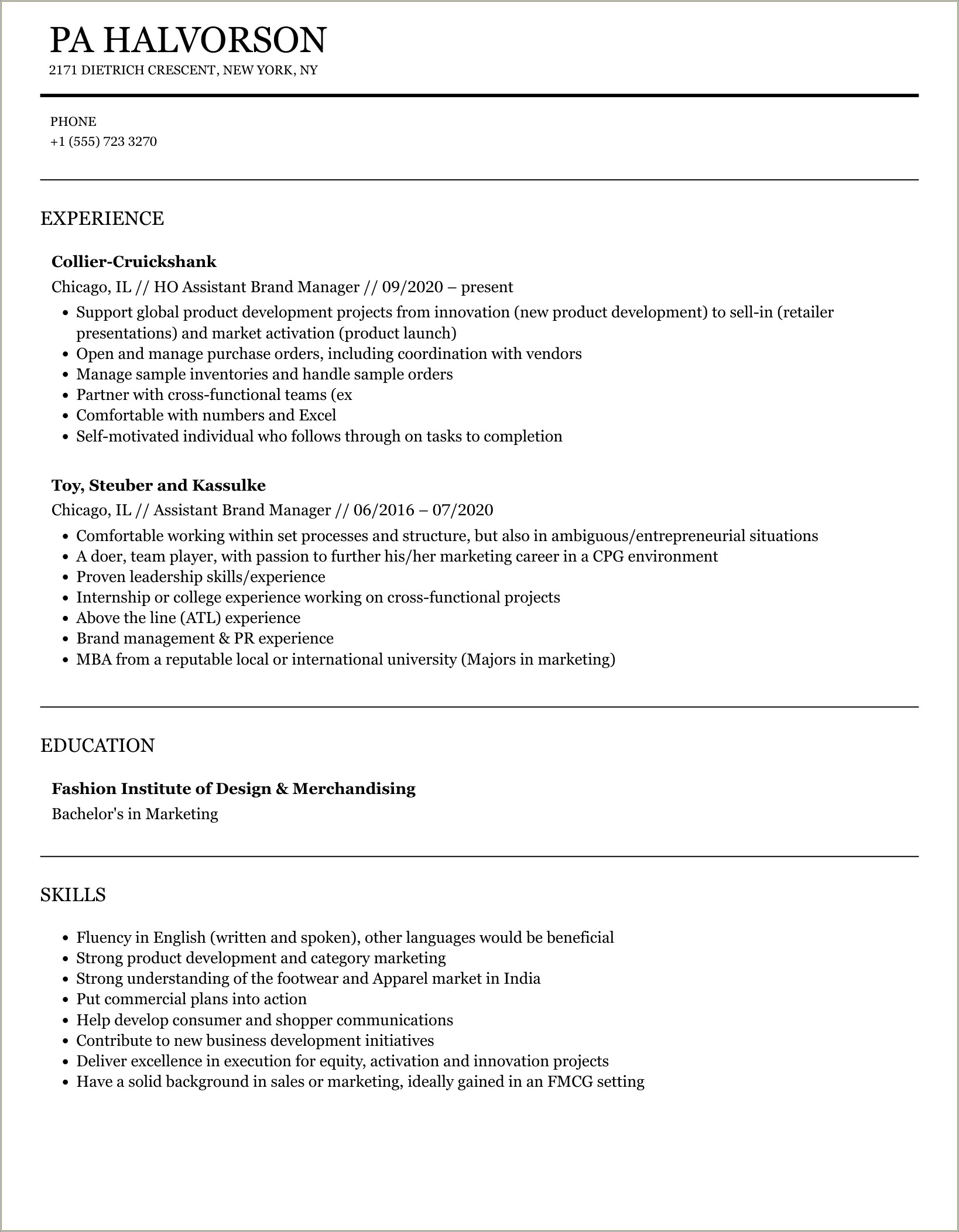 P&g Assistant Brand Manager Resume