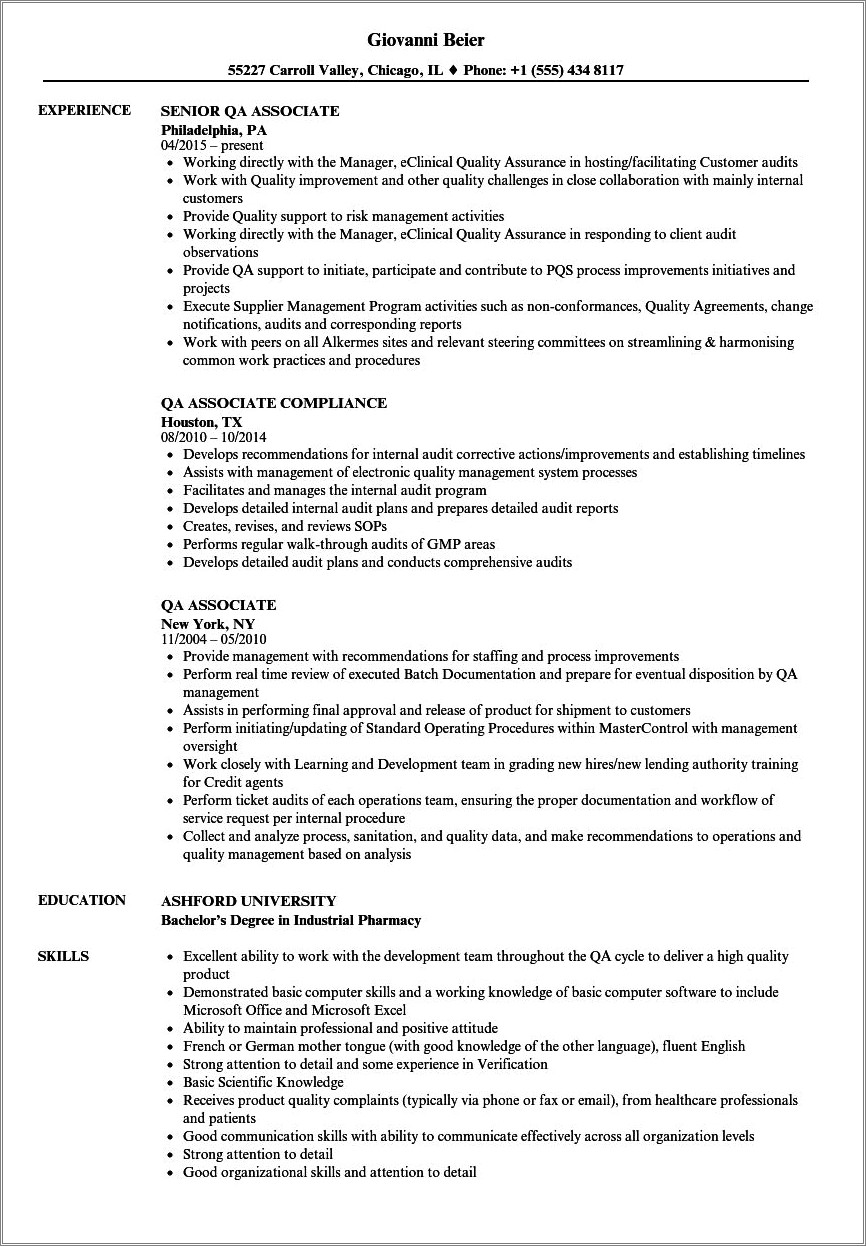 Pharma Qa Resume 1 Year Experience