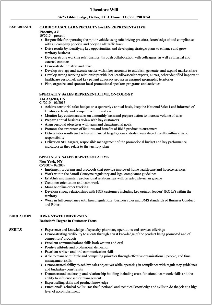 Pharmaceutical Sales Rep Job Description Resume