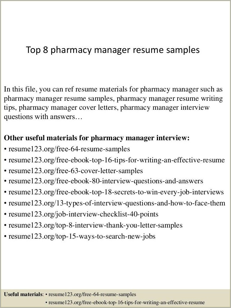 Pharmacy Manager Job Description For Resume
