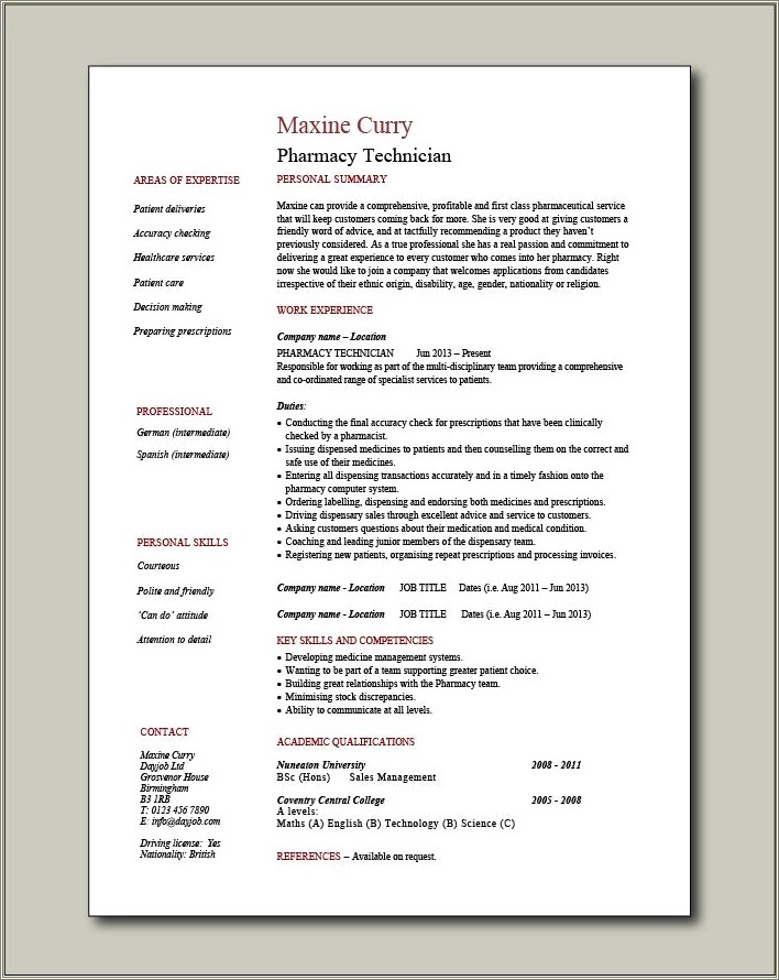 Pharmacy Technician Job Description On Resume
