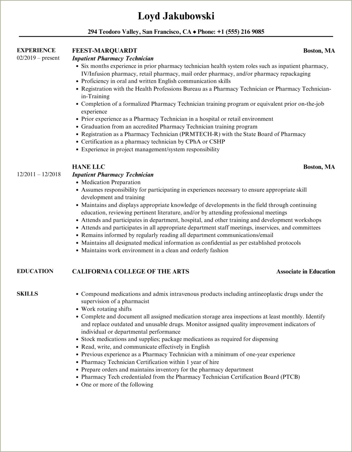 Pharmacy Technician Resume With Hospital Experience