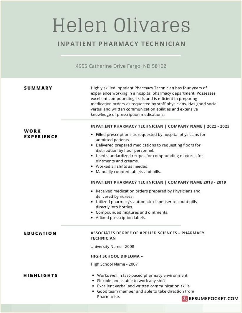 Pharmacy Technician Skills And Qualities Resume