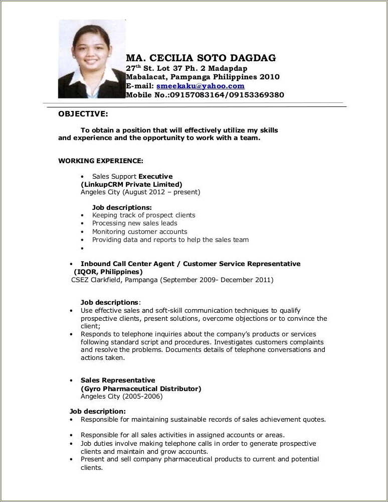 Philippine Resume Sample With No Experience