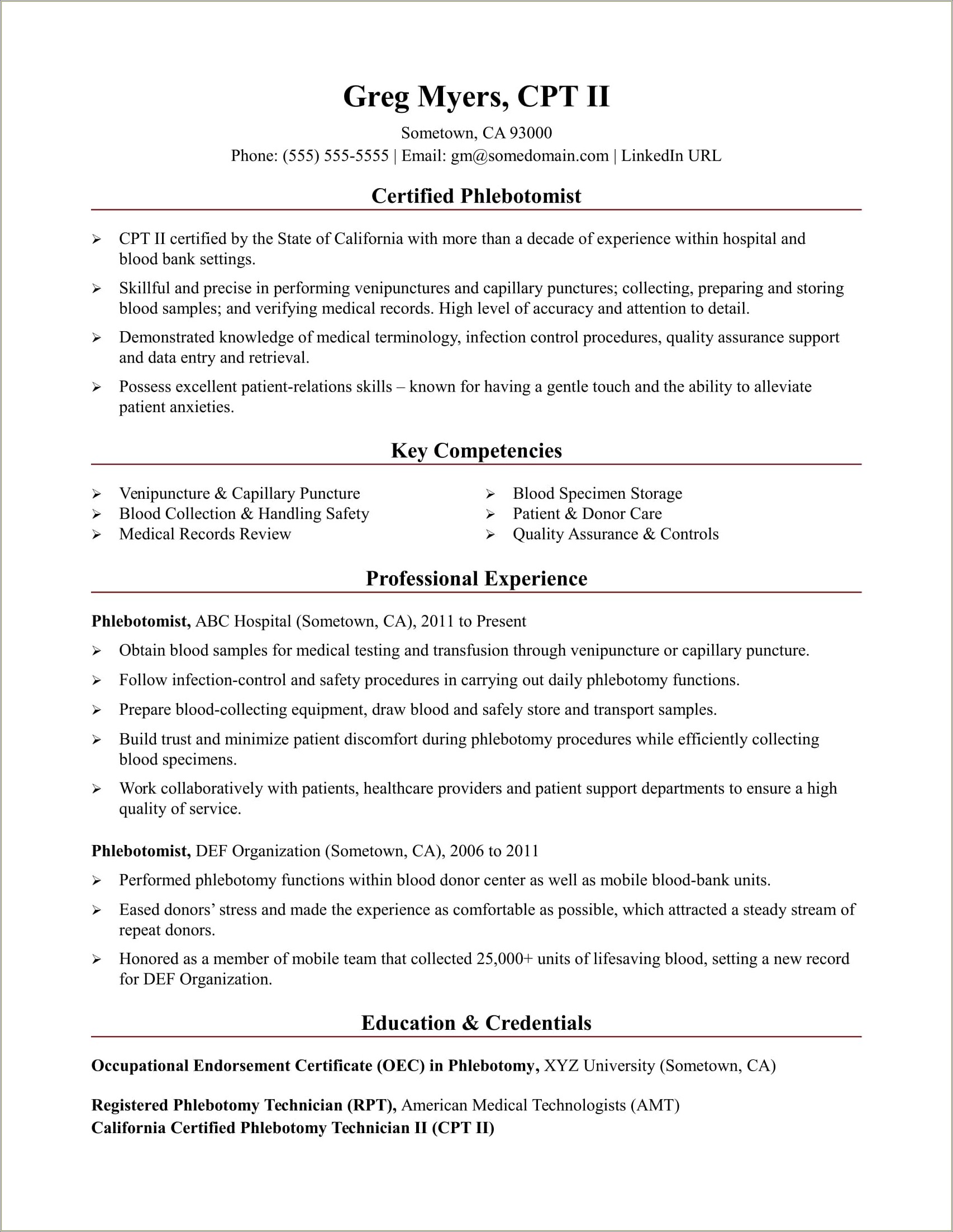 Phlebotomist In Plasma Center Job Resume