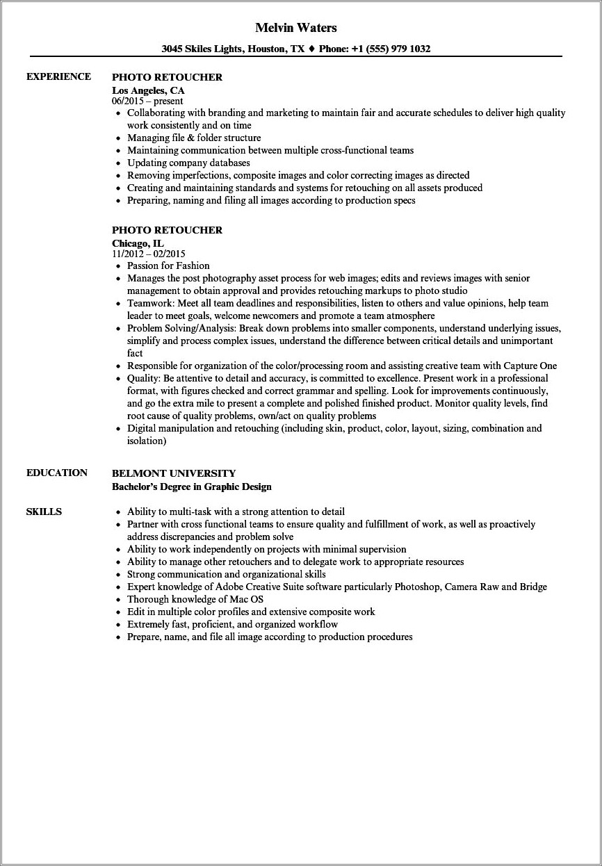 Photo Retoucher Job Description For Resume