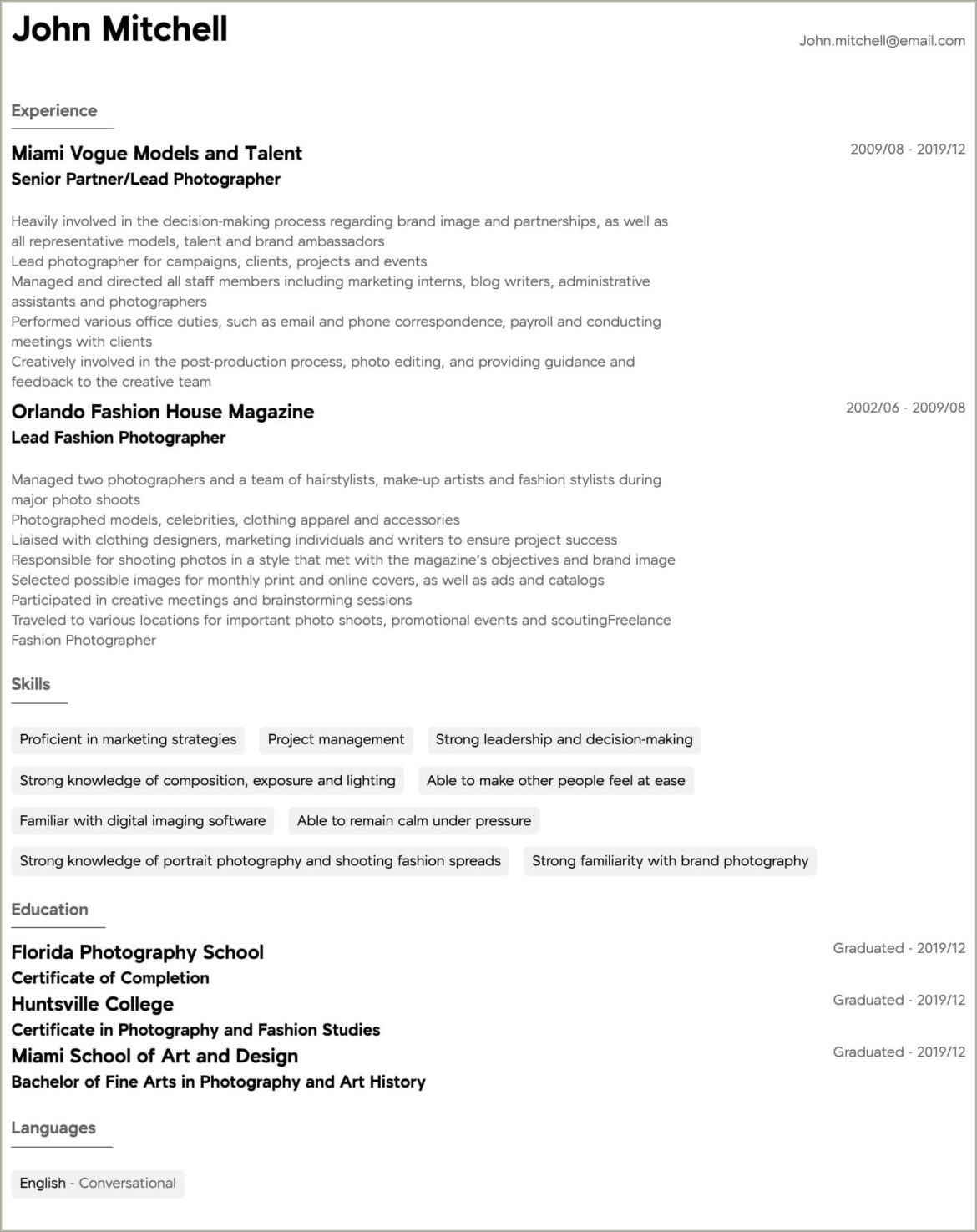 Photographer Job Description For Resume Sample