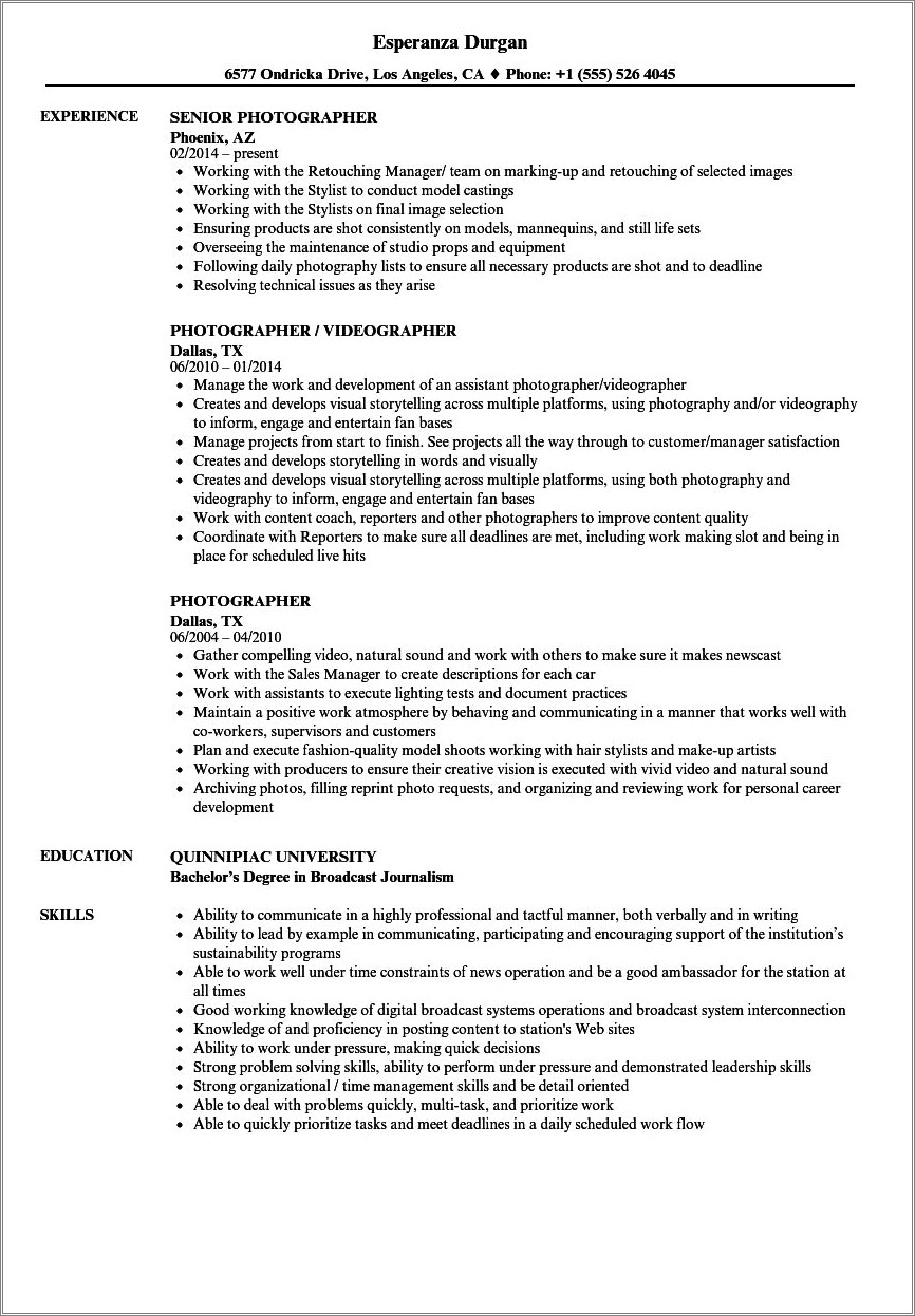 Photography Experience As A Hobby In Resume