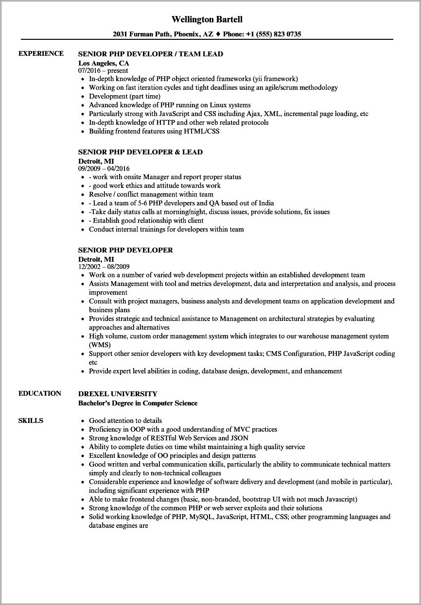 Php 1 Year Experience Resume Format