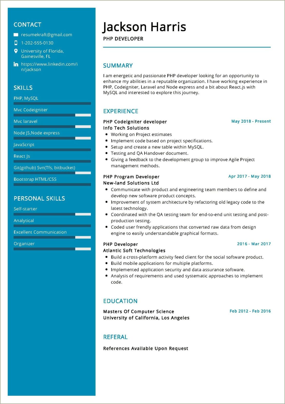 Php 1 Year Experience Resume Sample