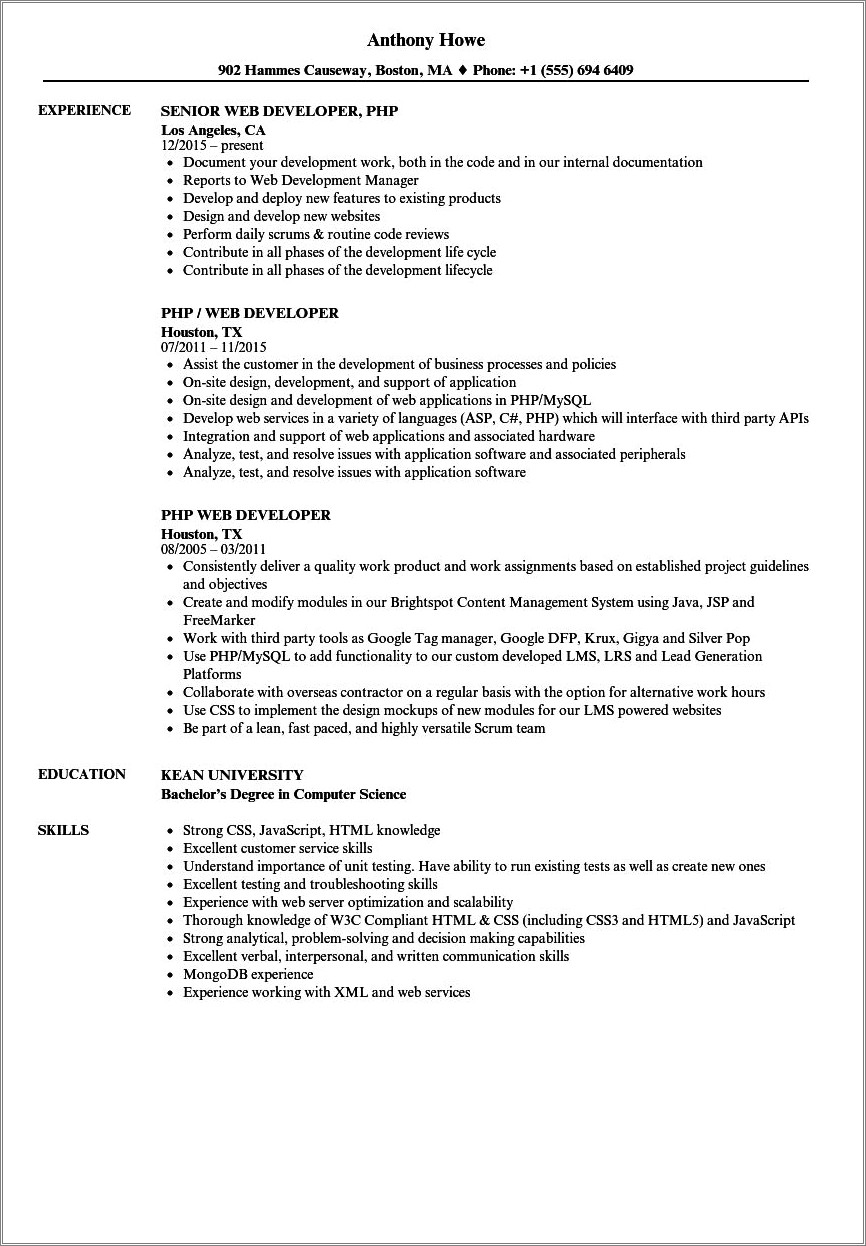 Php Developer Resume For 2 Year Experience Pdf