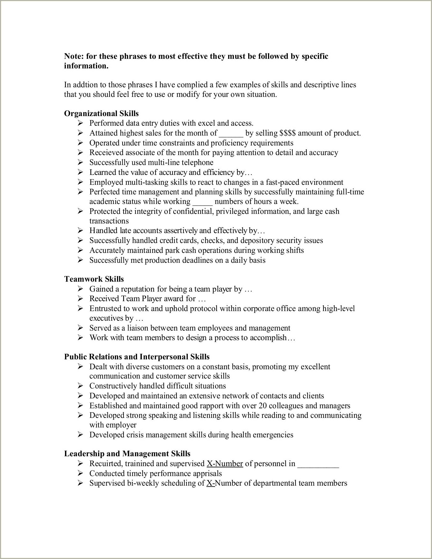Phrases And Words To Use In Resume