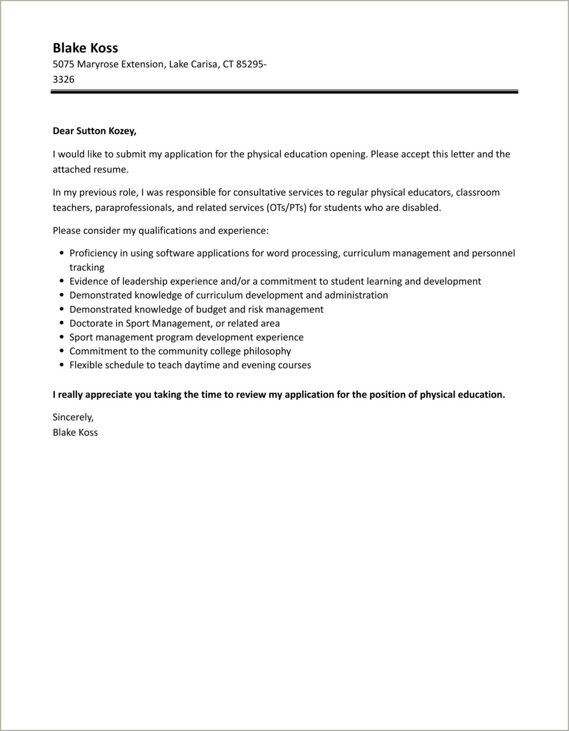 Physical Education Teacher Resume Cover Letter