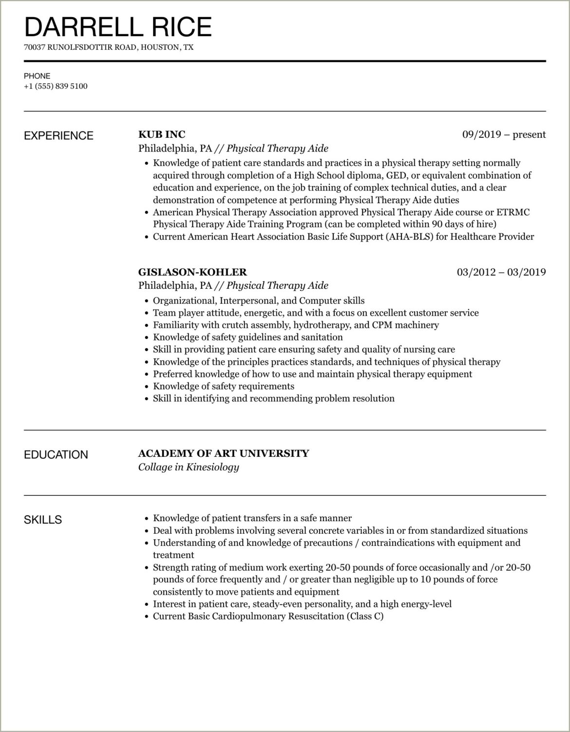 Physical Therapy Assistant Job Resume Examples