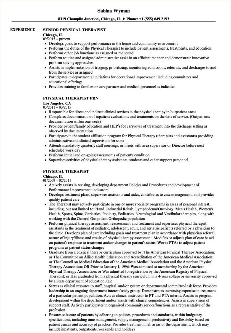 Physical Therapy Intern Job Description Resume