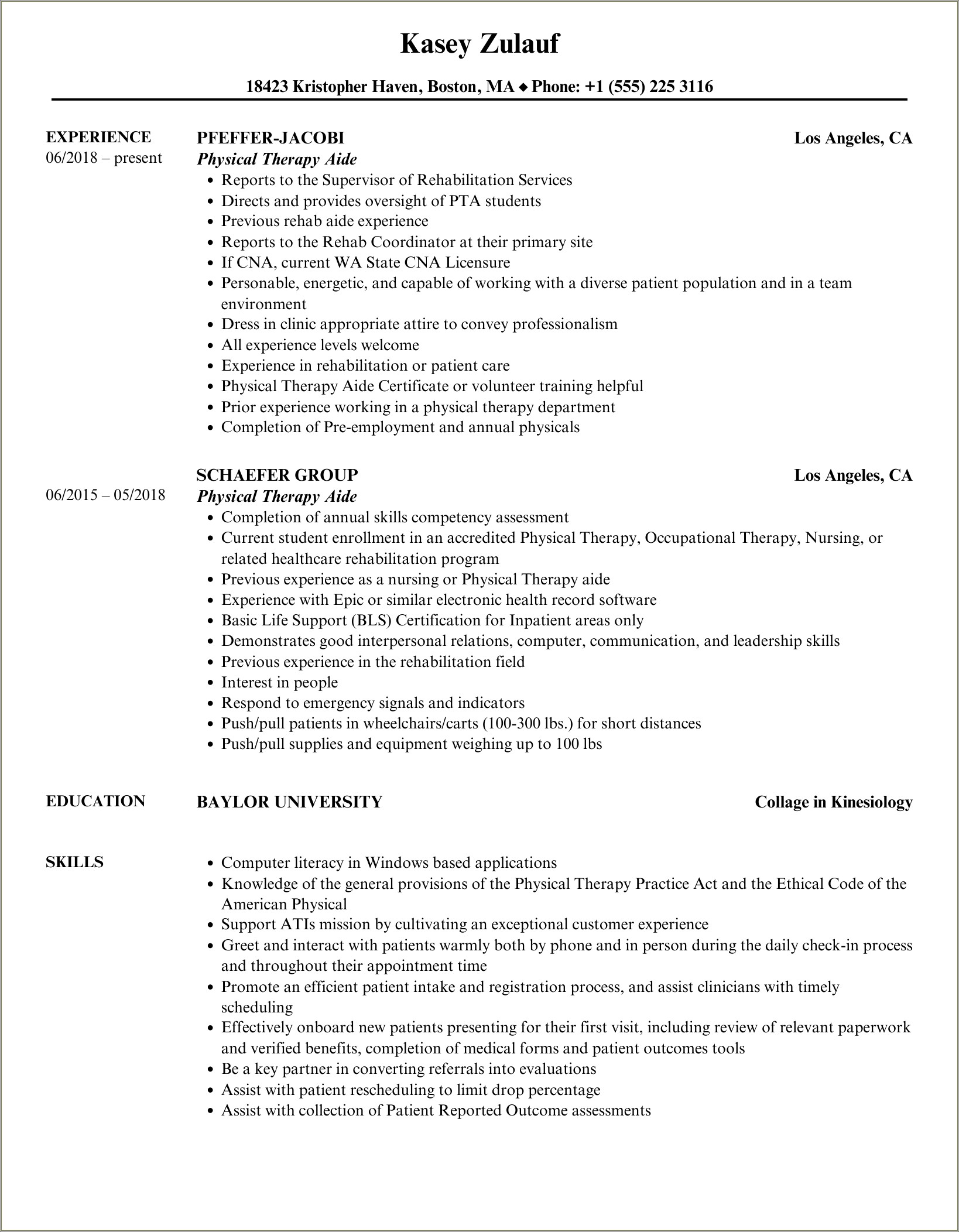 Physical Therapy Technician Resume No Experience