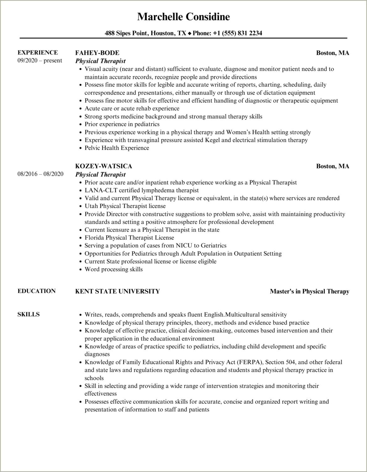 Physical Therapy Words For Resumes Examples