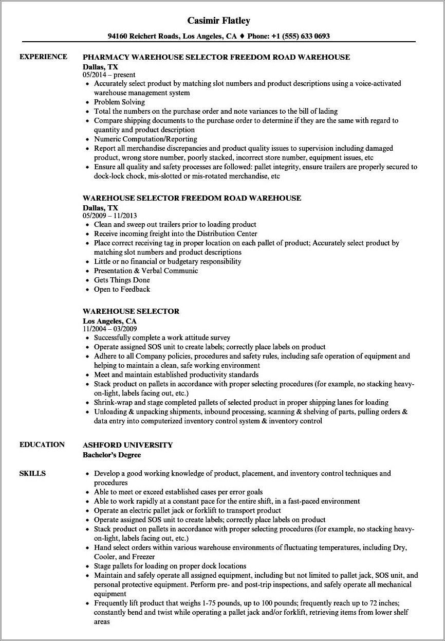 Picker And Packer Job Description Resume