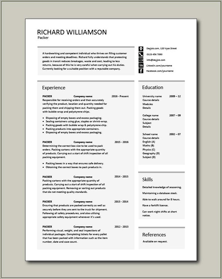 Picking And Packing Warehouse Resume Samples