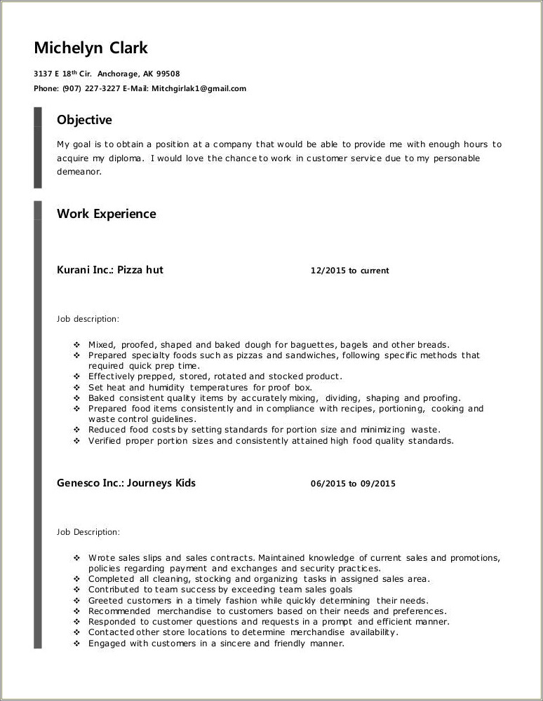 Pizza Hut Employee Job Description On A Resume