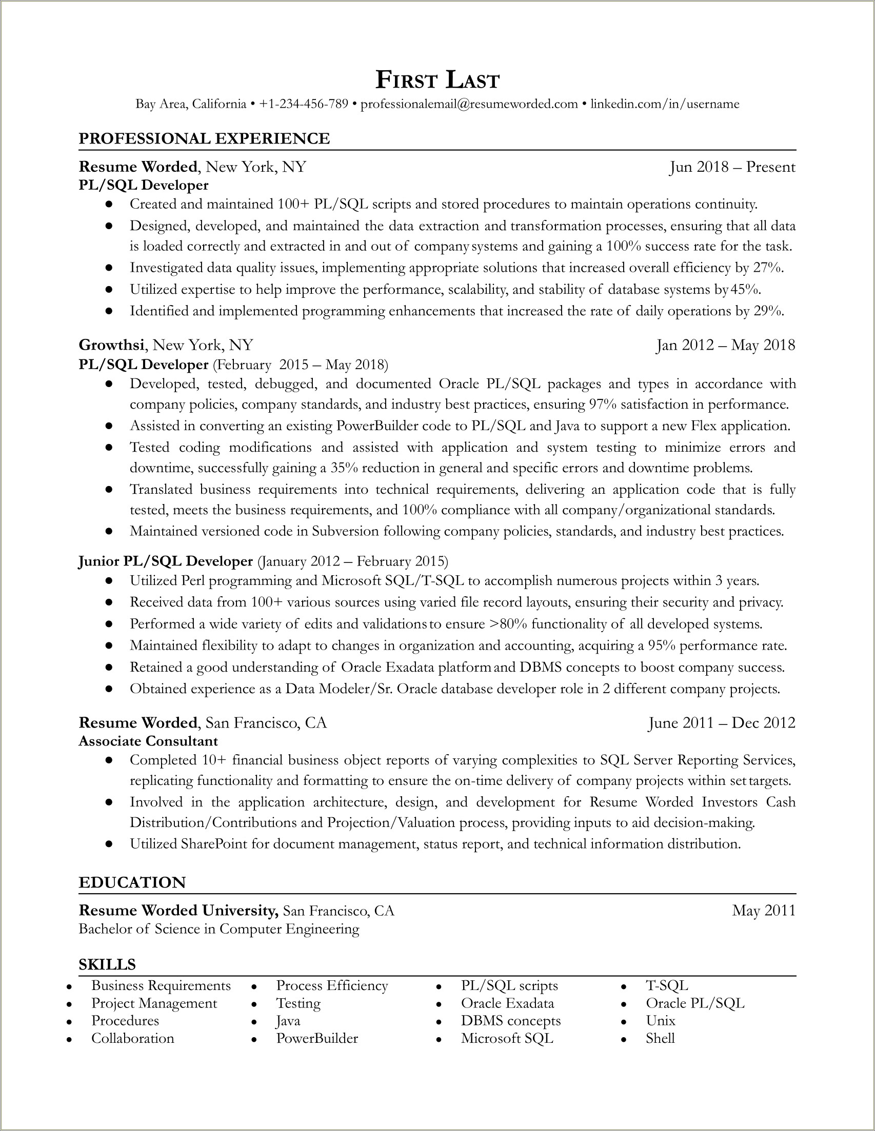 Pl Sql Developer Resume 3 Years Experience Pdf