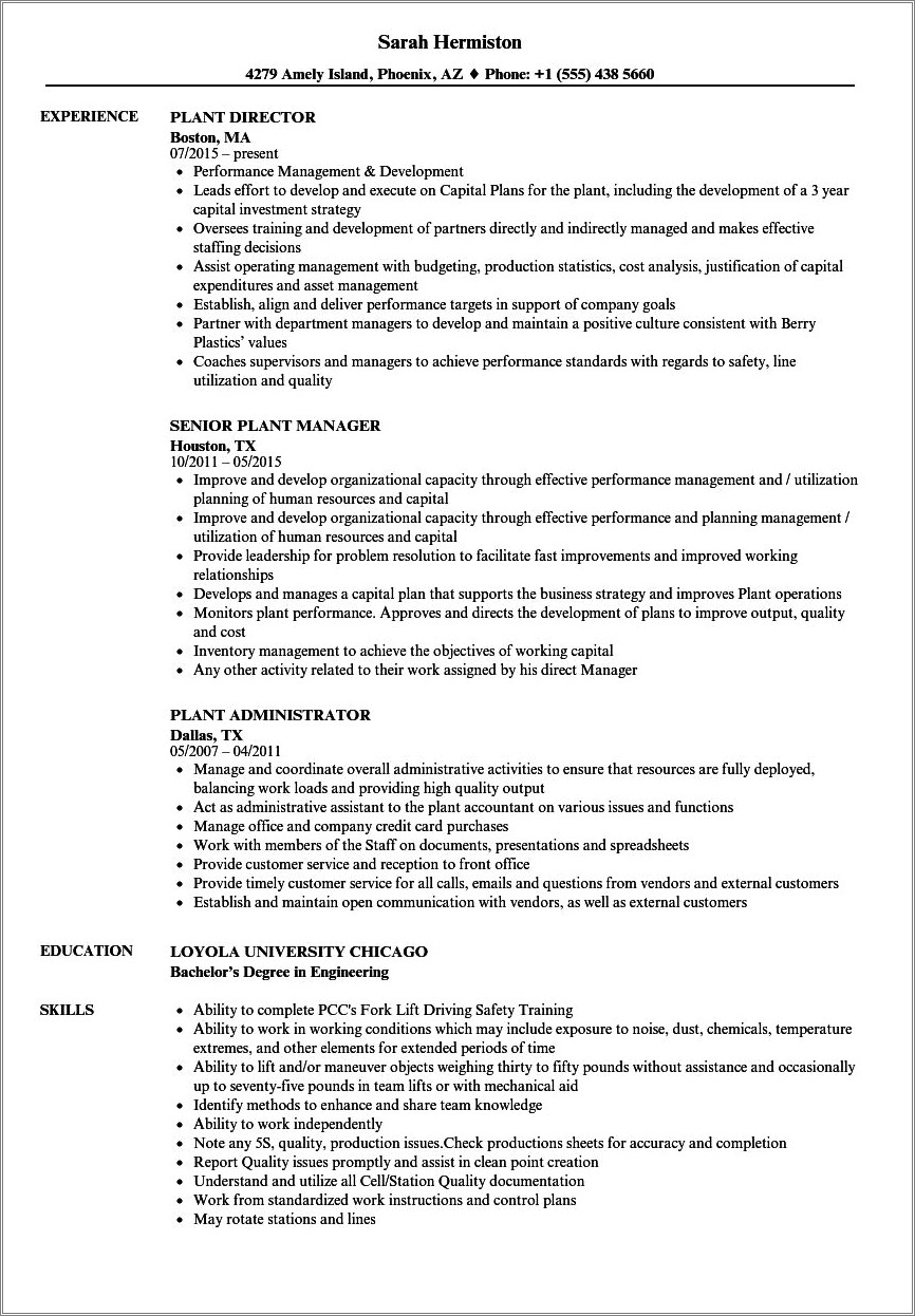 Plant And Seed Inventory Resume Sample