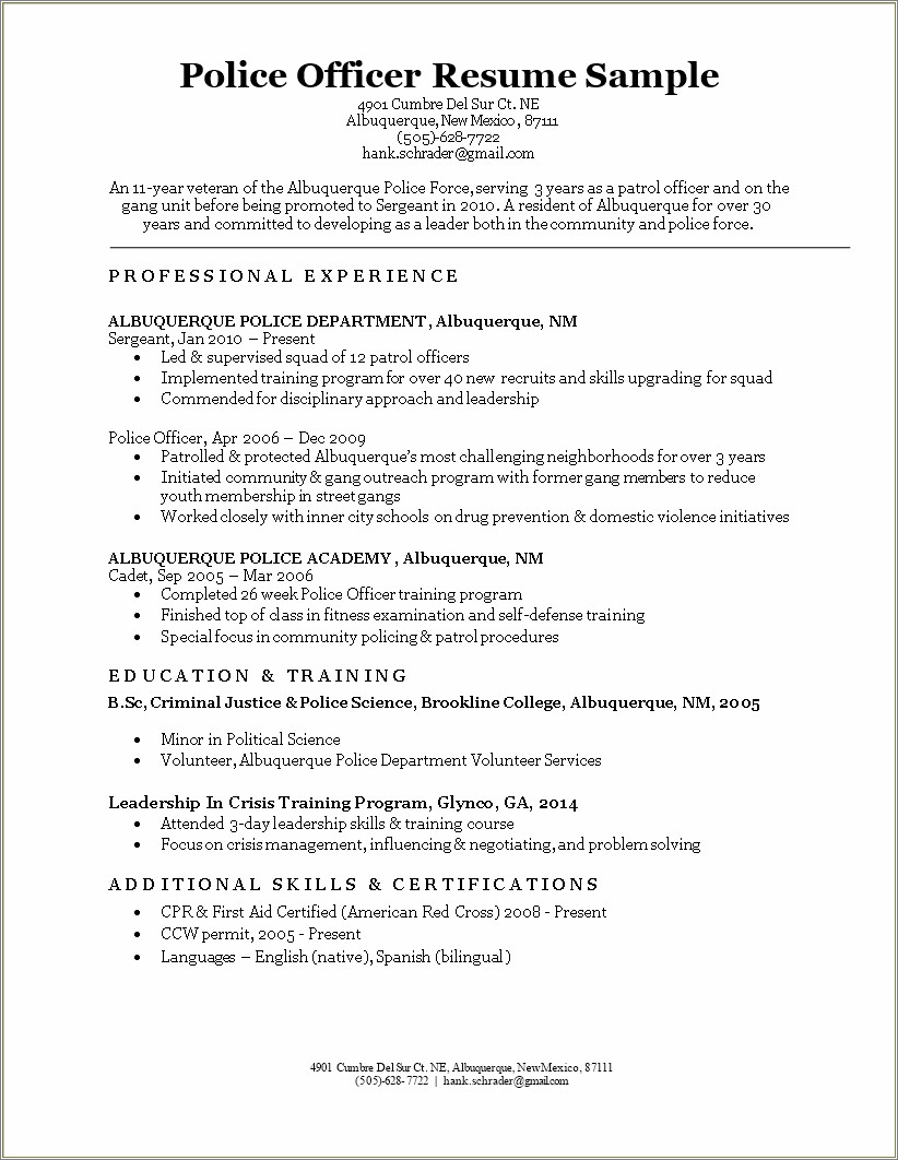 Police Officer Promotion Resume Objective Example